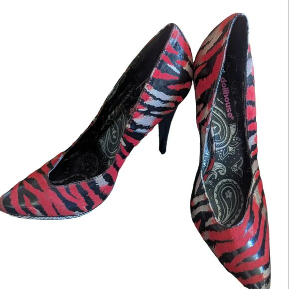 DOLLHOUSE Stiletto KINNAH Leopard / Tiger Pink-Red Black 4.5" heel - Picture 1 of 5